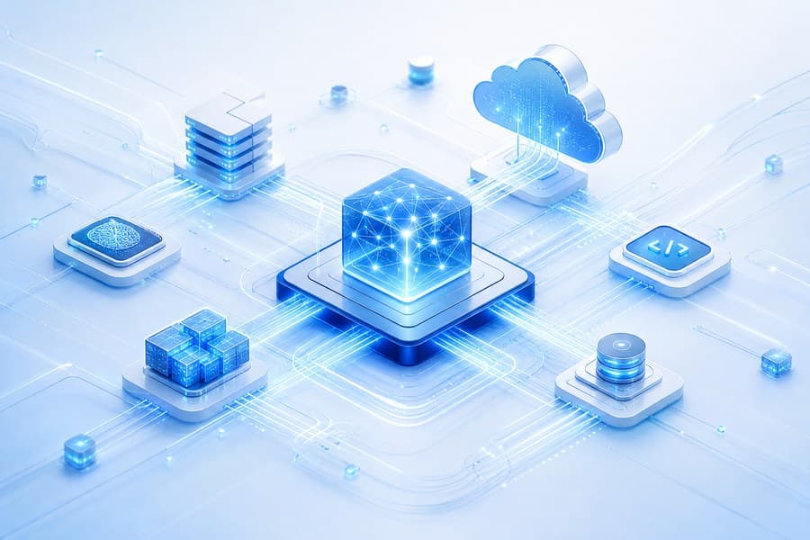 Isometric illustration of a processor linked to cloud, database, code and an AI chip