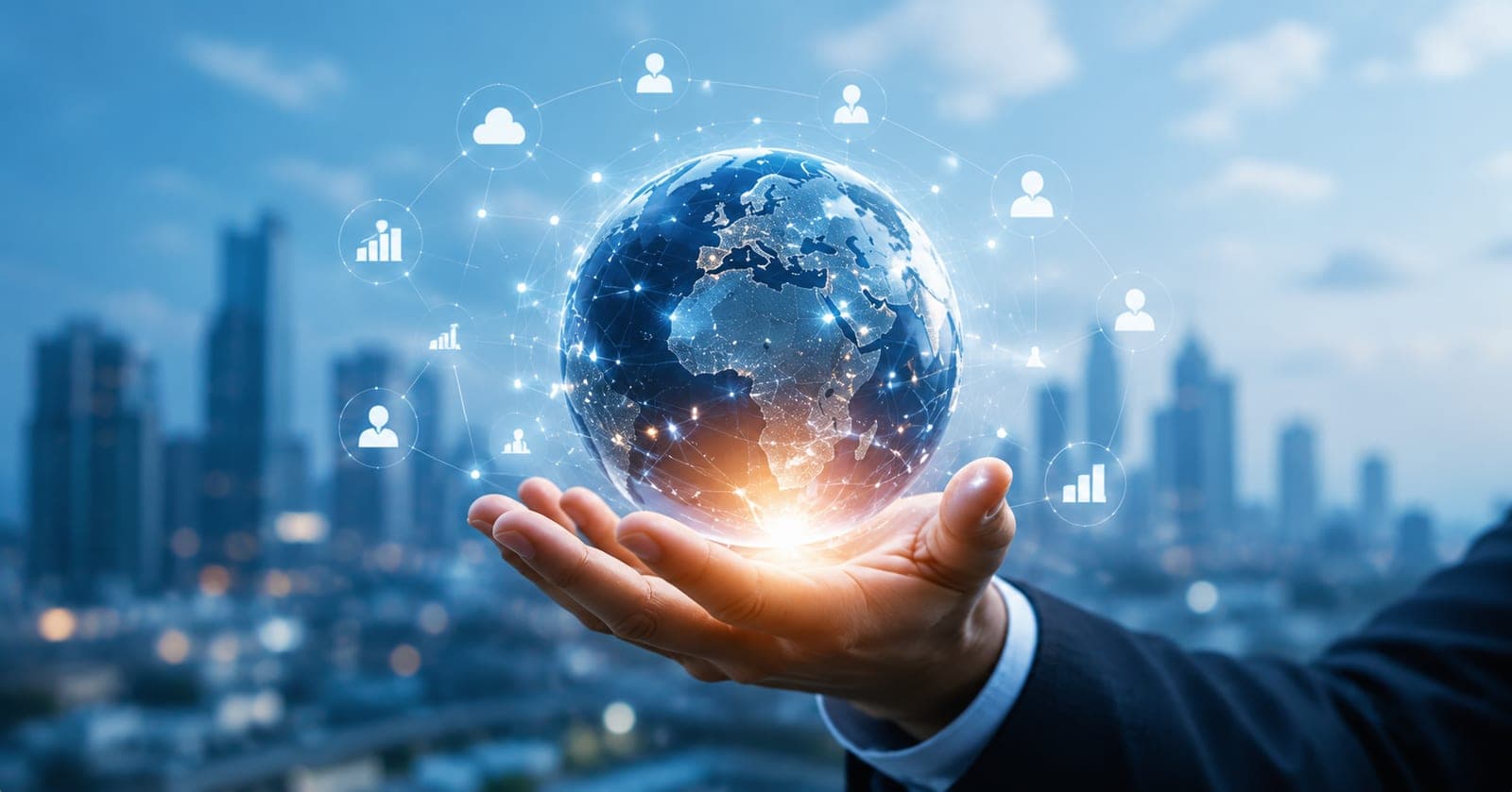 Hand holding a glowing digital globe ringed by connected nodes and data icons, city skyline behind